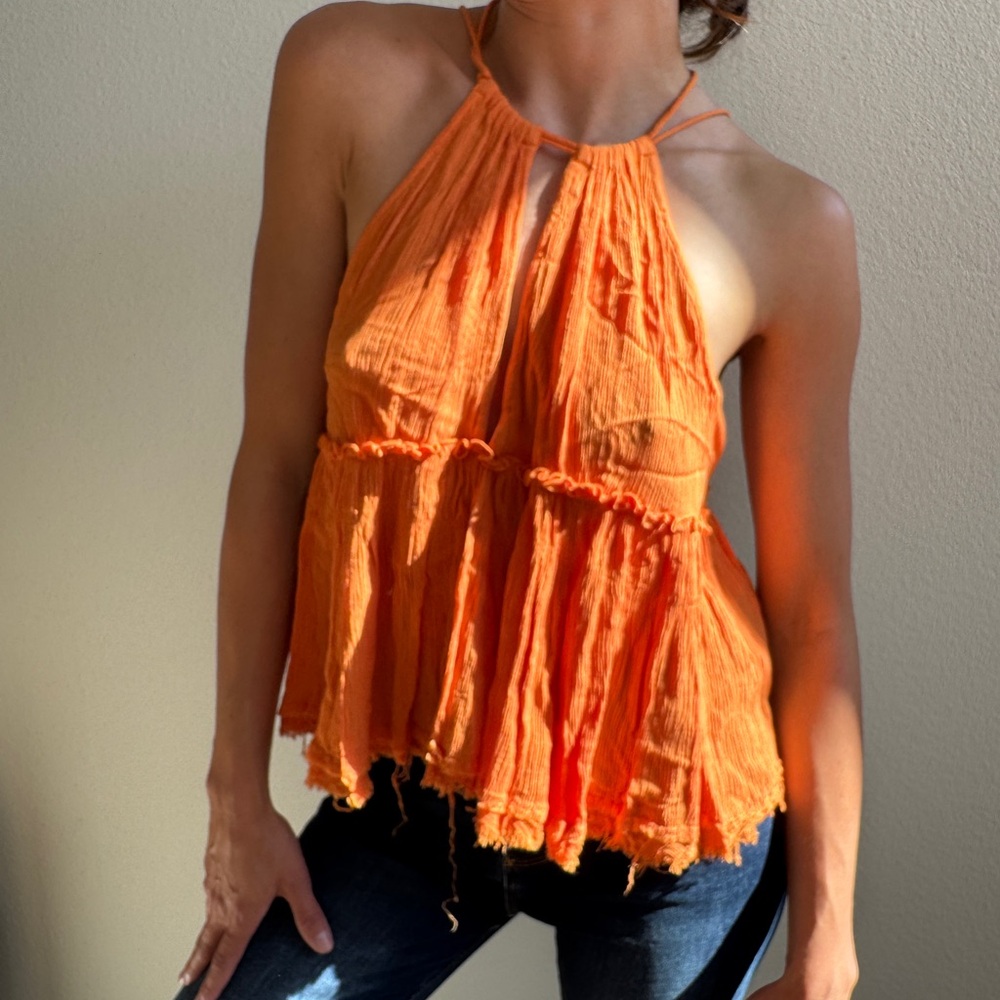 Free People Orange Ruffled Tiered Tank Top